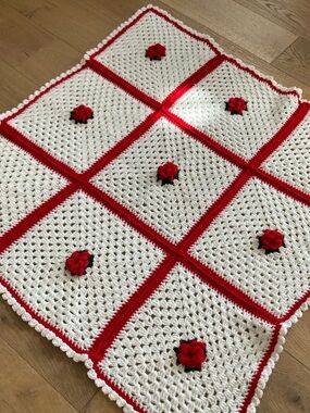 Handmade White & Red Roses Crochet Granny Square Blanket